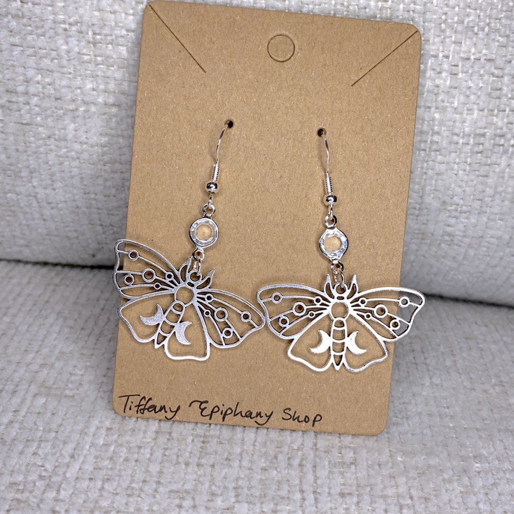 Silver Lunar Moth Dangly Earrings NWT
